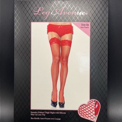 Leg Avenue Spandex Fishnet Thigh HighsSilicone Stay-up Lace Top 9122 Red